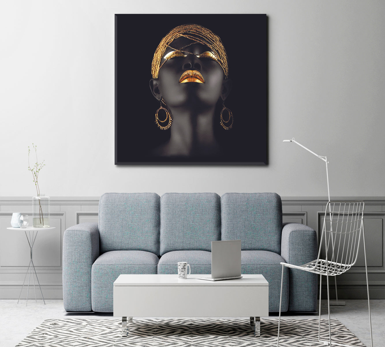 BEAUTIFUL Black and Gold African Woman Fantastic Make Up Face | Square Fashion Canvas Print Artesty   