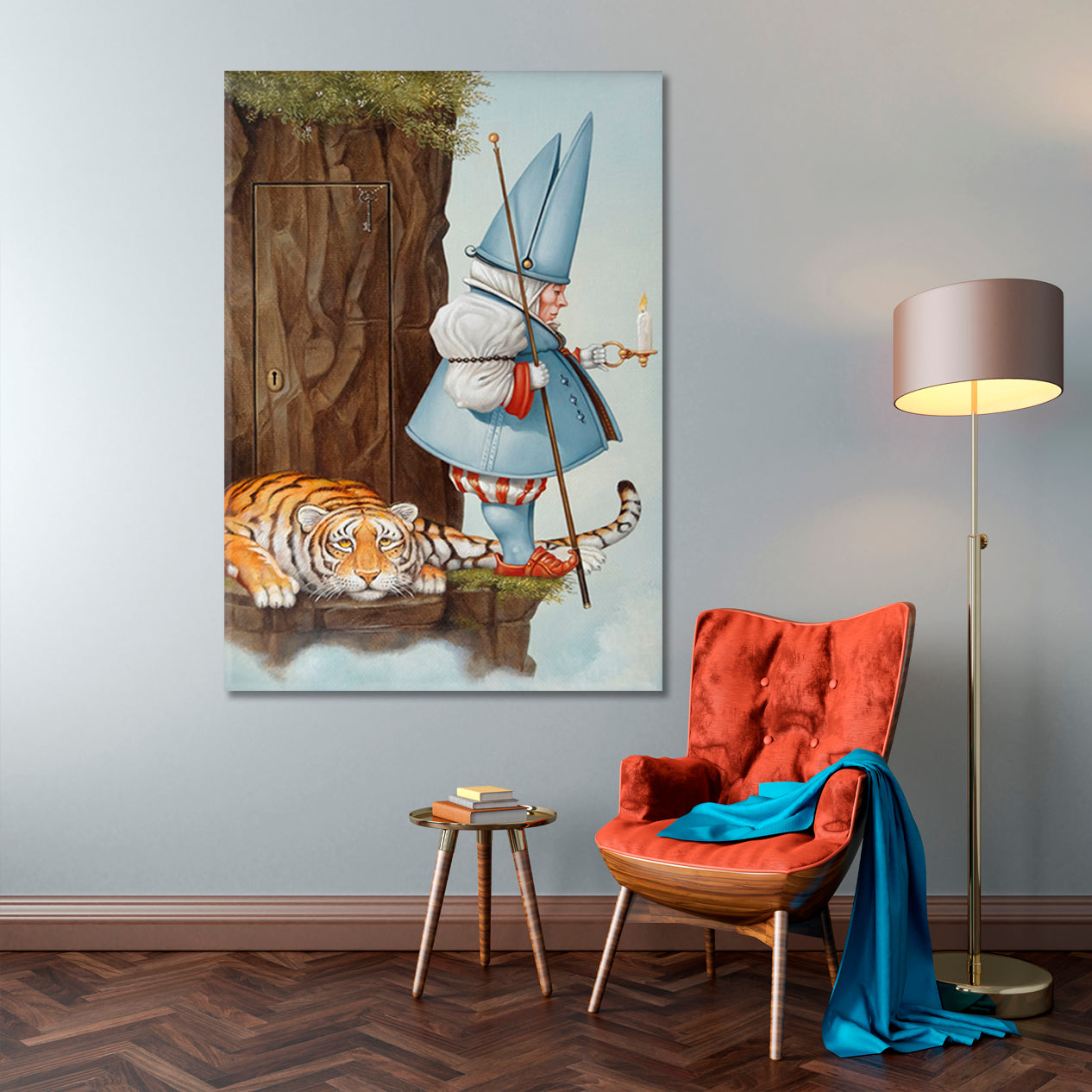 SECRET DOOR Gnome With Candle & Tiger Surrealistic Painting Surreal Fantasy Large Art Print Décor Artesty   