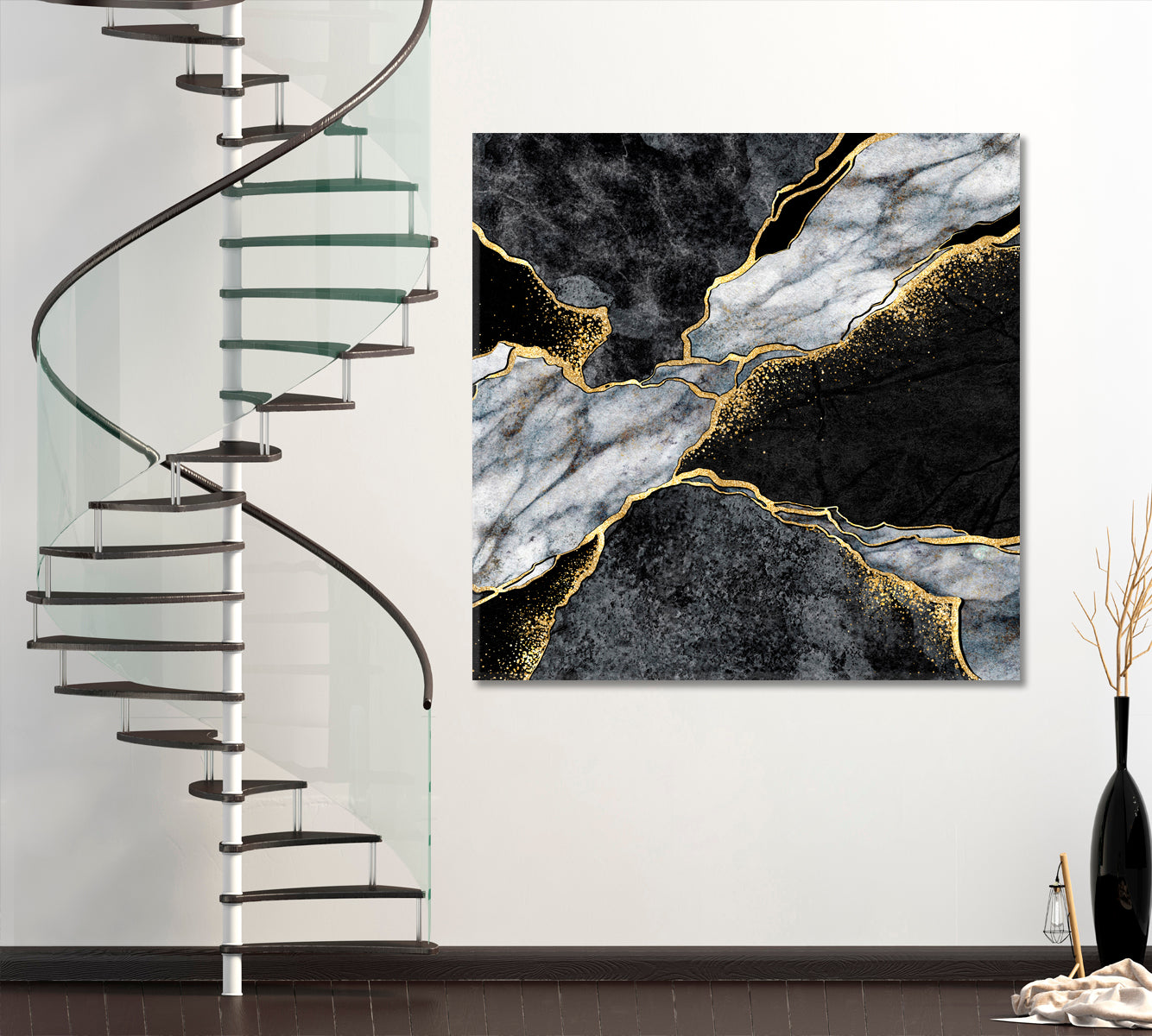 Beautiful Black Gtey & Gold Marble Canvas Print - Square Fluid Art, Oriental Marbling Canvas Print Artesty   