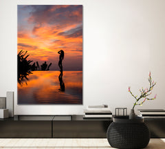 INFINITY EDGE Landscape Luxury Beach Pool Silhouette Woman at Sunset - Vertical Scenery Landscape Fine Art Print Artesty   