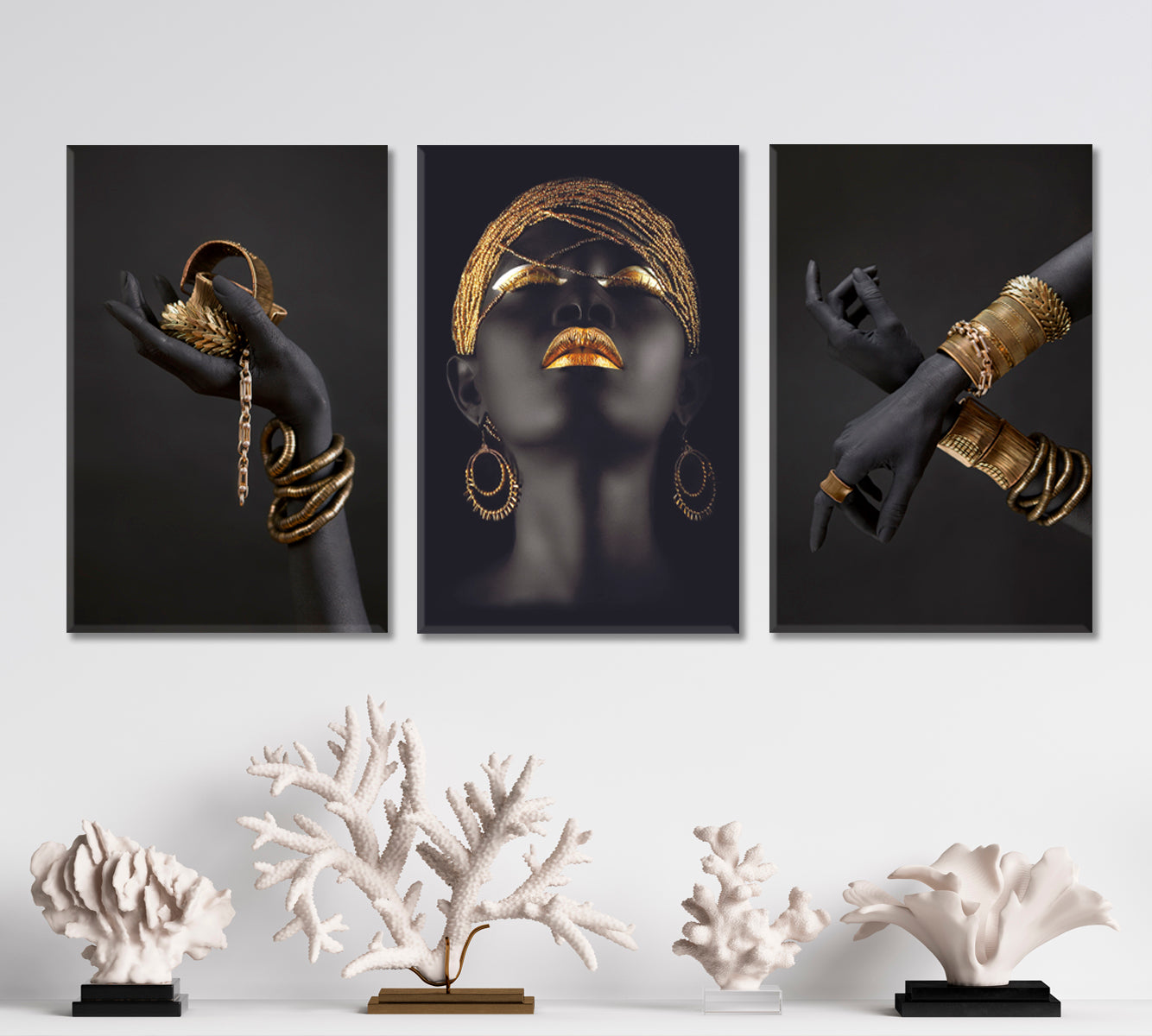 Black Woman Hand Gold High Fashion Art Luxury SET 3 Vertical Panels Abstract Art Print Artesty   