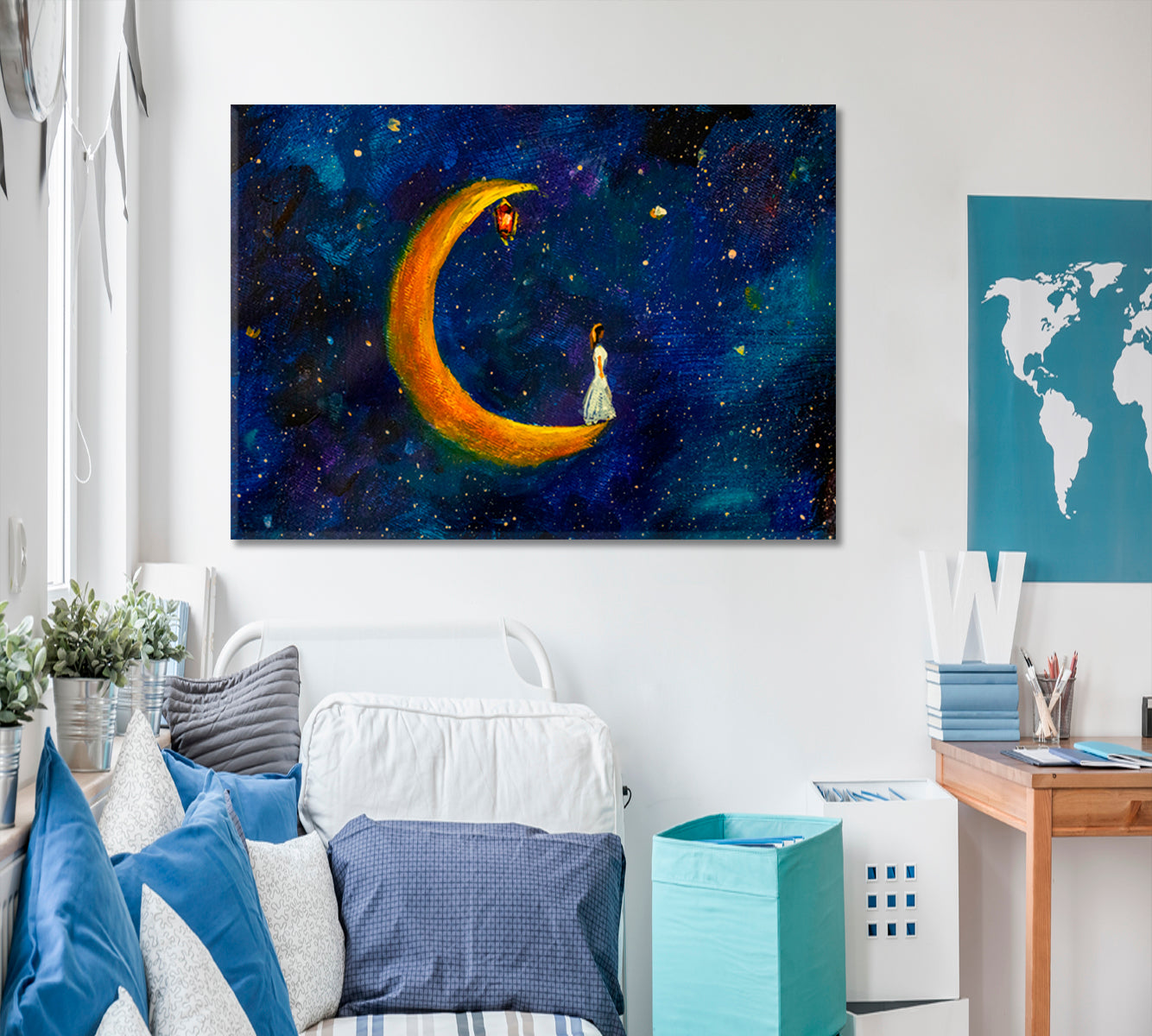 Girl on Big Moon Space Fabulous World Modern Art Impressionism Abstract Landscape Canvas Print Fine Art Artesty   