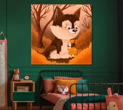 Little Girl and Cute husky Dog Kids Fairy Nursery Art Canvas Print | Square Panel Kids Room Canvas Art Print Artesty   