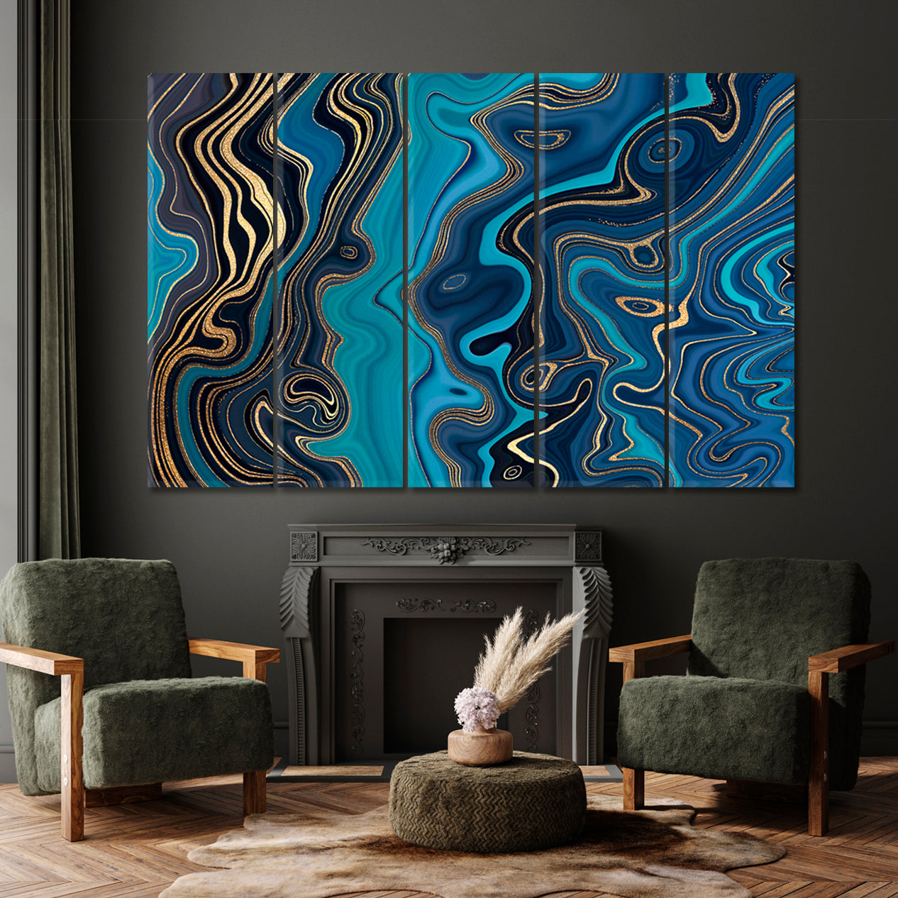 MARBLE EFFECT series Turquoise Navy Blue & Gold Abstract Swirl Artistic Design Giclée Print Fluid Art, Oriental Marbling Canvas Print Artesty   