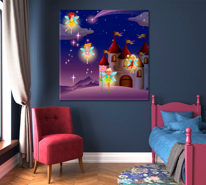 Castle Fairies Flying Sweet Kids Baby Nursery Wall Art Canvas Print | Square Panel Kids Room Canvas Art Print Artesty   