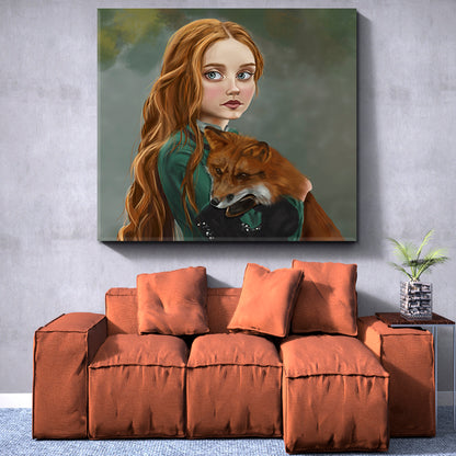 RED FOX GINGER STORY Girl Red Hair Lady Green Dress Surreal Fairy Tale Kids Room Canvas Art Print Artesty   