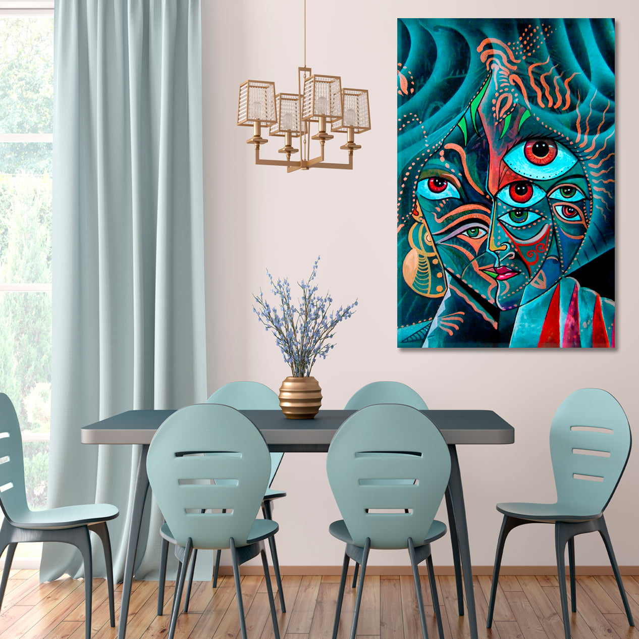 Cubism Face Fantasy Design Vivid Teal Color Cubist Trendy Large Art Print Artesty 1 Panel 16"x24" 