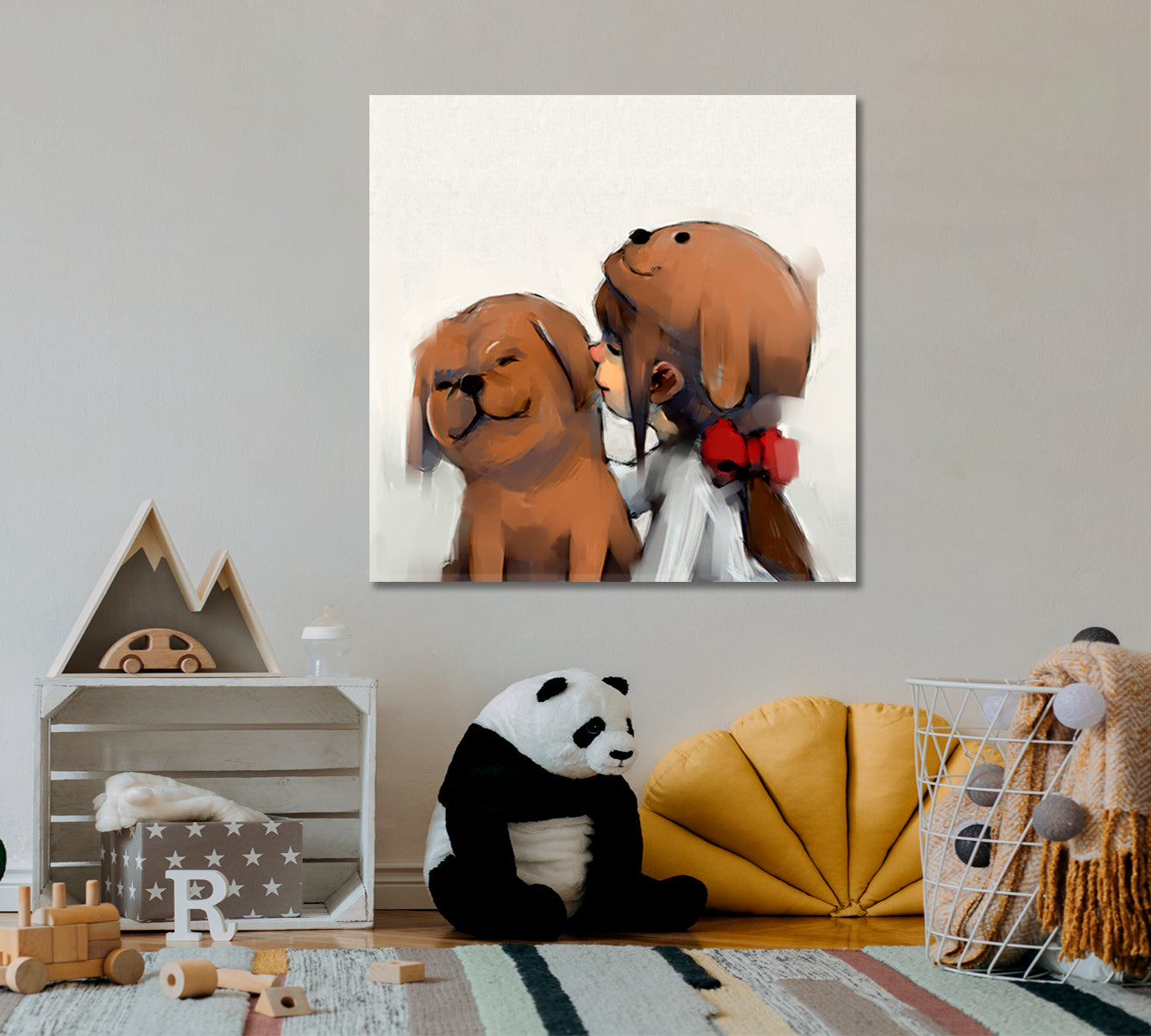 Cute Girl And Little Dog Sweet Art For Kids Kids Room Canvas Art Print Artesty   