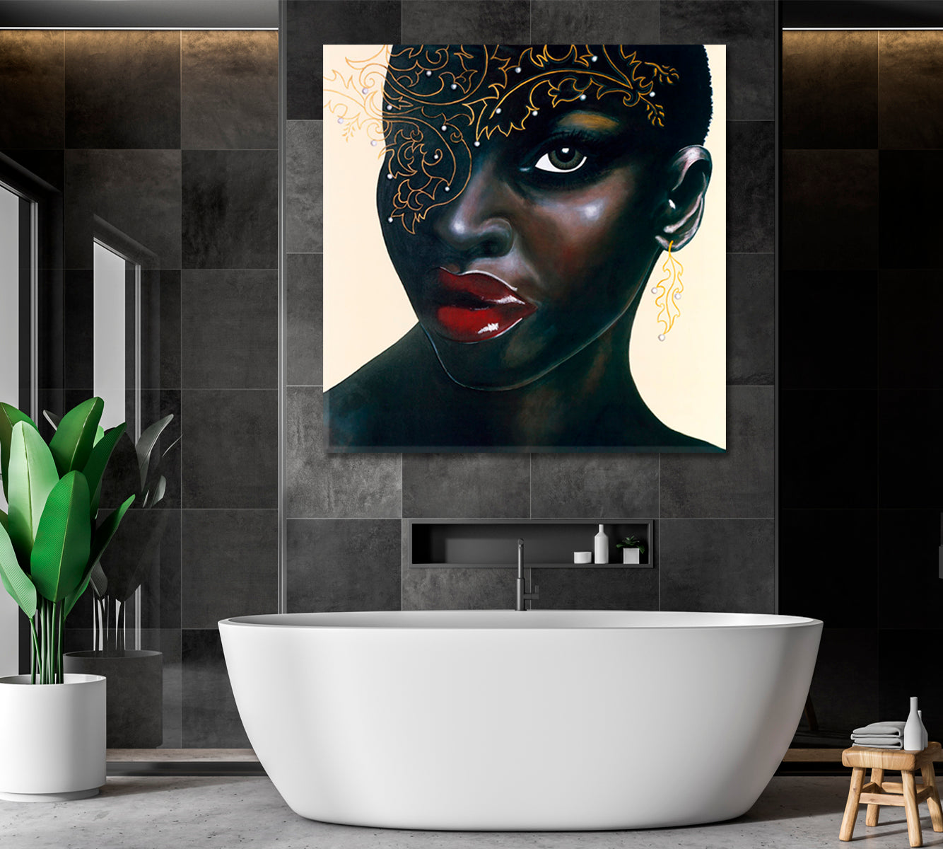 HOT CHOCOLATE  Stunning African Women Red Lips Canvas Print - Square Panel African Style Canvas Print Artesty   