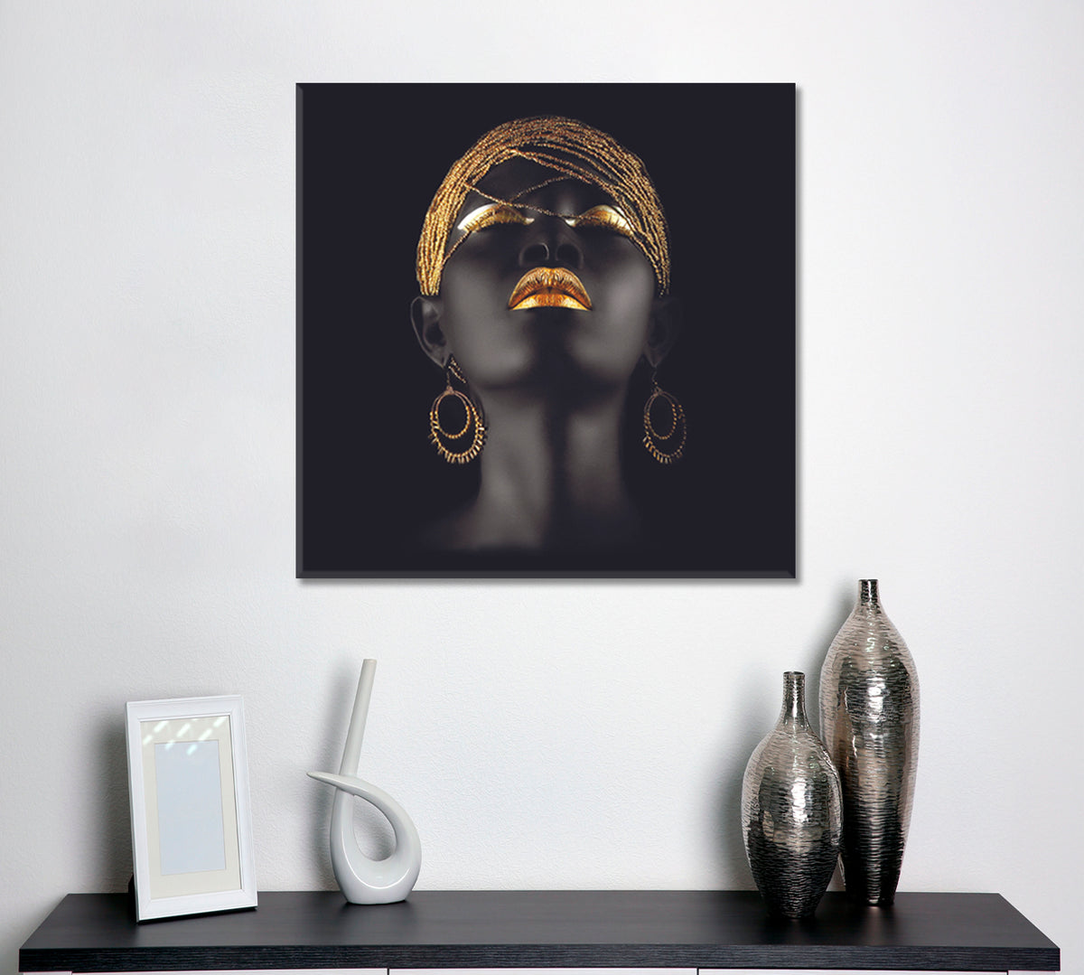 BEAUTIFUL Black and Gold African Woman Fantastic Make Up Face | Square Fashion Canvas Print Artesty 1 Panel 12"x12" 