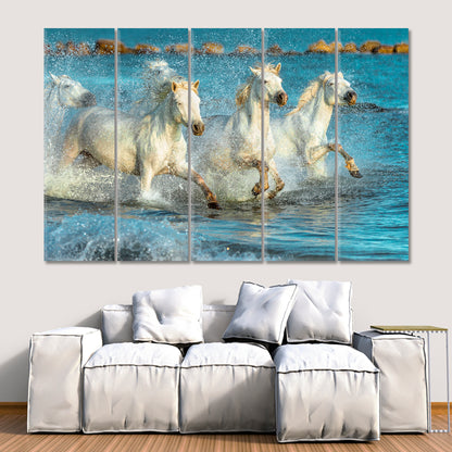 NEPTUNE'S HORSES White Galloping Horses Beach Provence Animals Canvas Print Artesty 5 panels 36" x 24" 