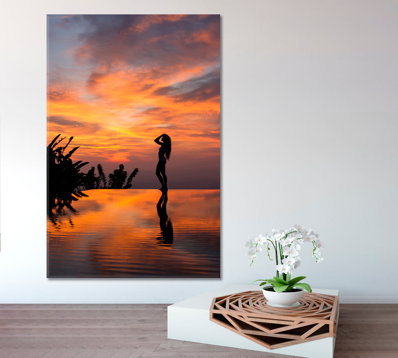 INFINITY EDGE Landscape Luxury Beach Pool Silhouette Woman at Sunset - Vertical Scenery Landscape Fine Art Print Artesty   