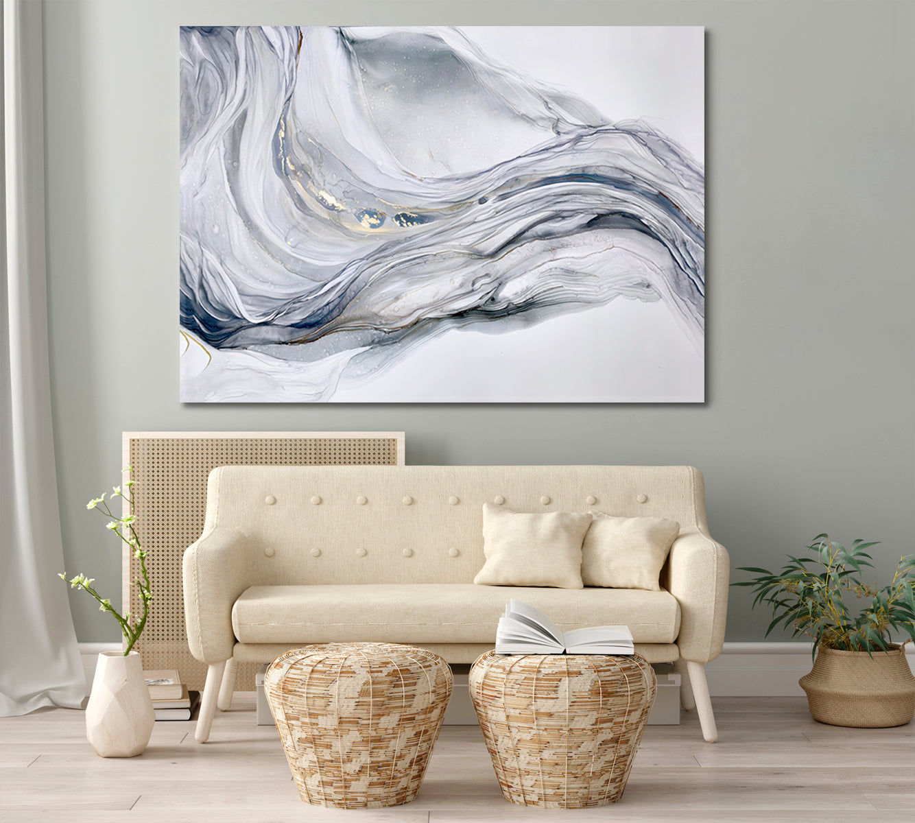 Beautiful Tender Blue Gray Abstract Waves Marble Effect Painting Fluid Art, Oriental Marbling Canvas Print Artesty   