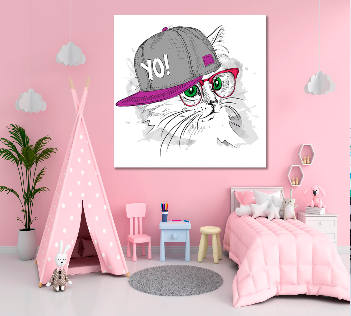 Cute Cat Hip-Hop Hat Funny Whimsical Animal KIDS ROOM CONCEPT Canvas Print | Square Panel Animals Canvas Print Artesty   