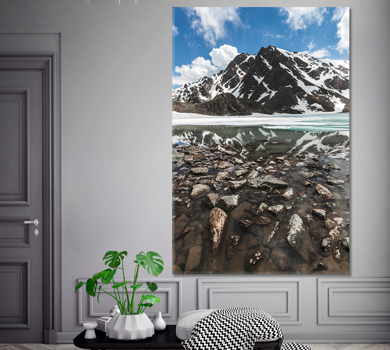 Panoramic Winter Mountain Landscape Snow Peaks Frozen Lake Water Reflection  - Vertical Scenery Landscape Fine Art Print Artesty   