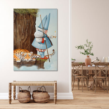 SECRET DOOR Gnome With Candle & Tiger Surrealistic Painting Surreal Fantasy Large Art Print Décor Artesty   