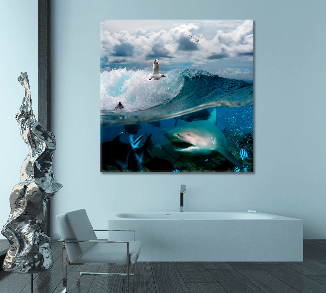 WILDLIFE Underwater Sea Life Breaking Wave Sky Seagulls Shark - S Nautical, Sea Life Pattern Art Artesty   