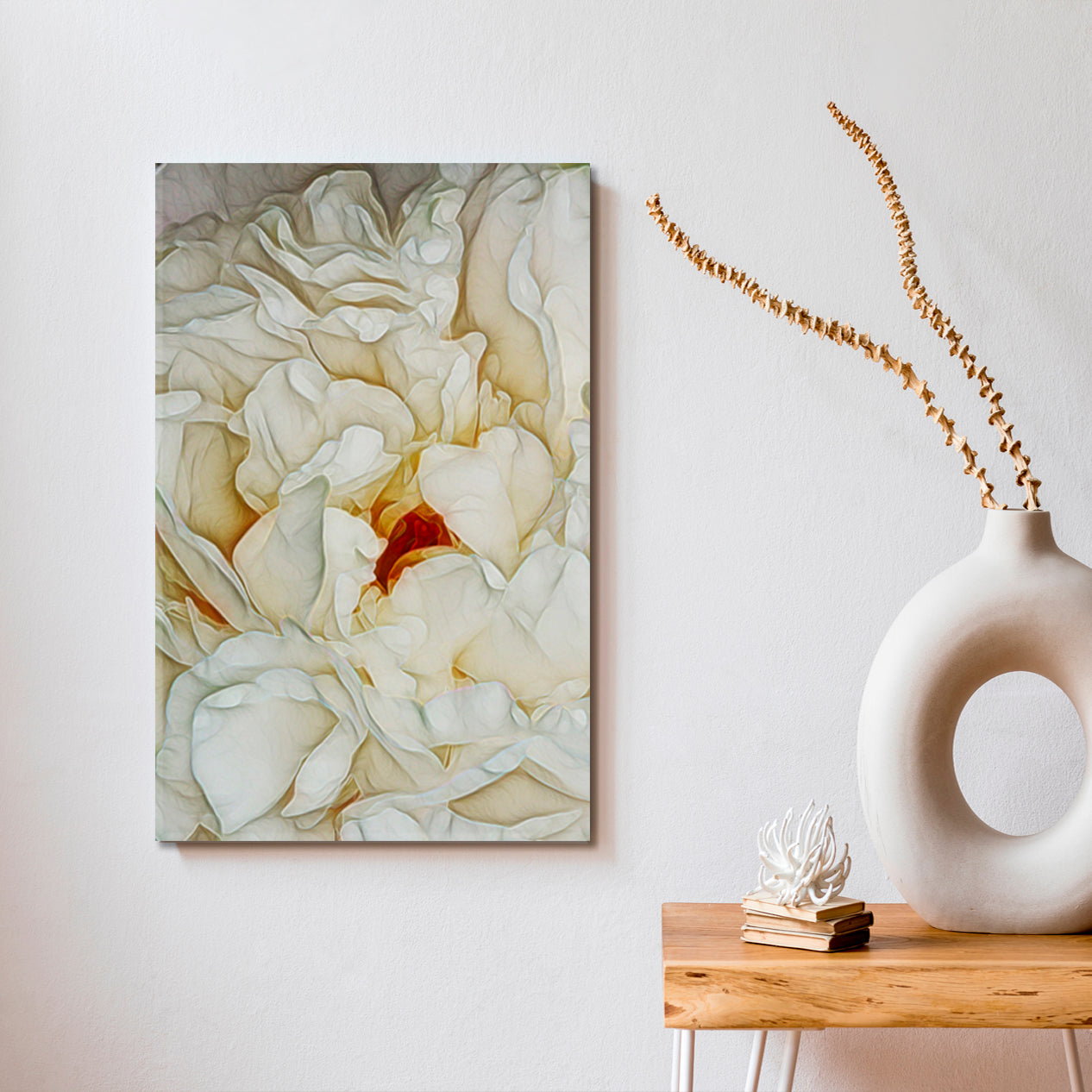 Peony Flower Petals Abstract Pattern Soft White Creamy Pastel Colors Canvas Print - Vertical Floral & Botanical Split Art Artesty   