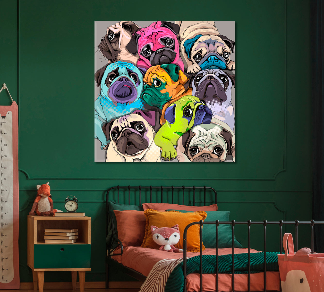 Funny Pugs Dogs Bright Colors Pop Art Whimsical Animal Canvas Print - Square Panel Animals Canvas Print Artesty   