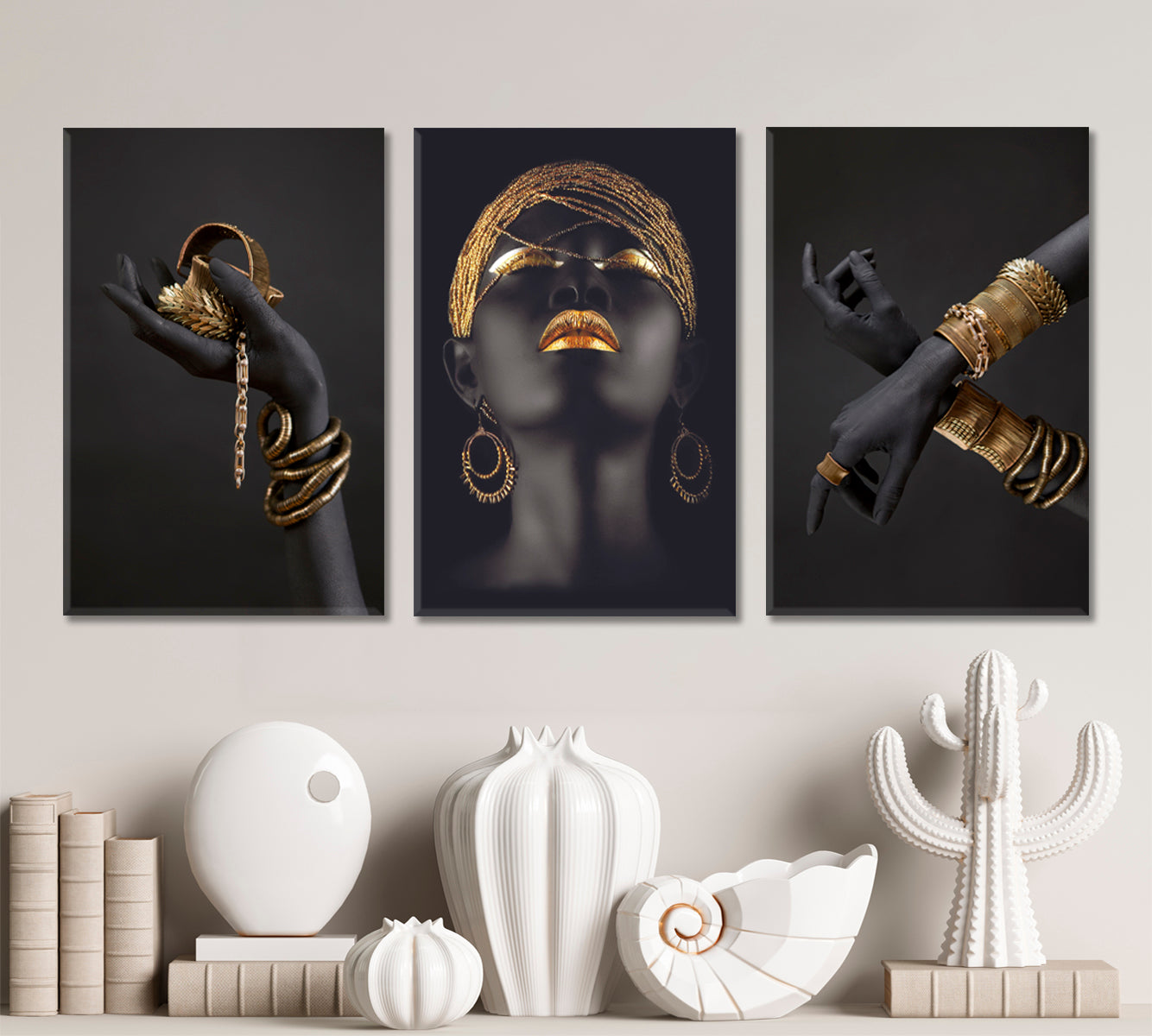 Black Woman Hand Gold High Fashion Art Luxury SET 3 Vertical Panels Abstract Art Print Artesty   