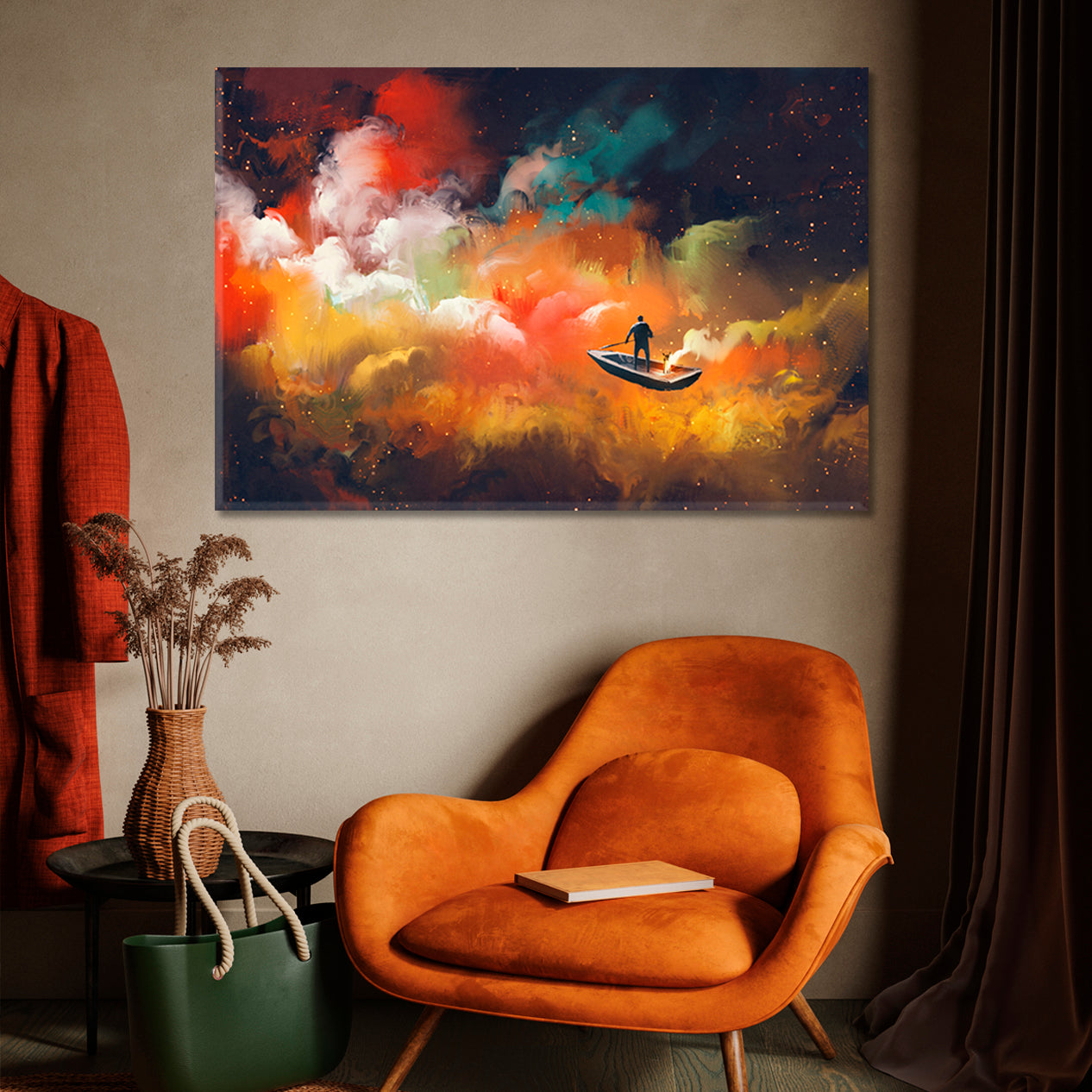 Surreal Dreamlike Man on Boat Outer Space Colorful Clouds Surreal Fantasy Large Art Print Décor Artesty   