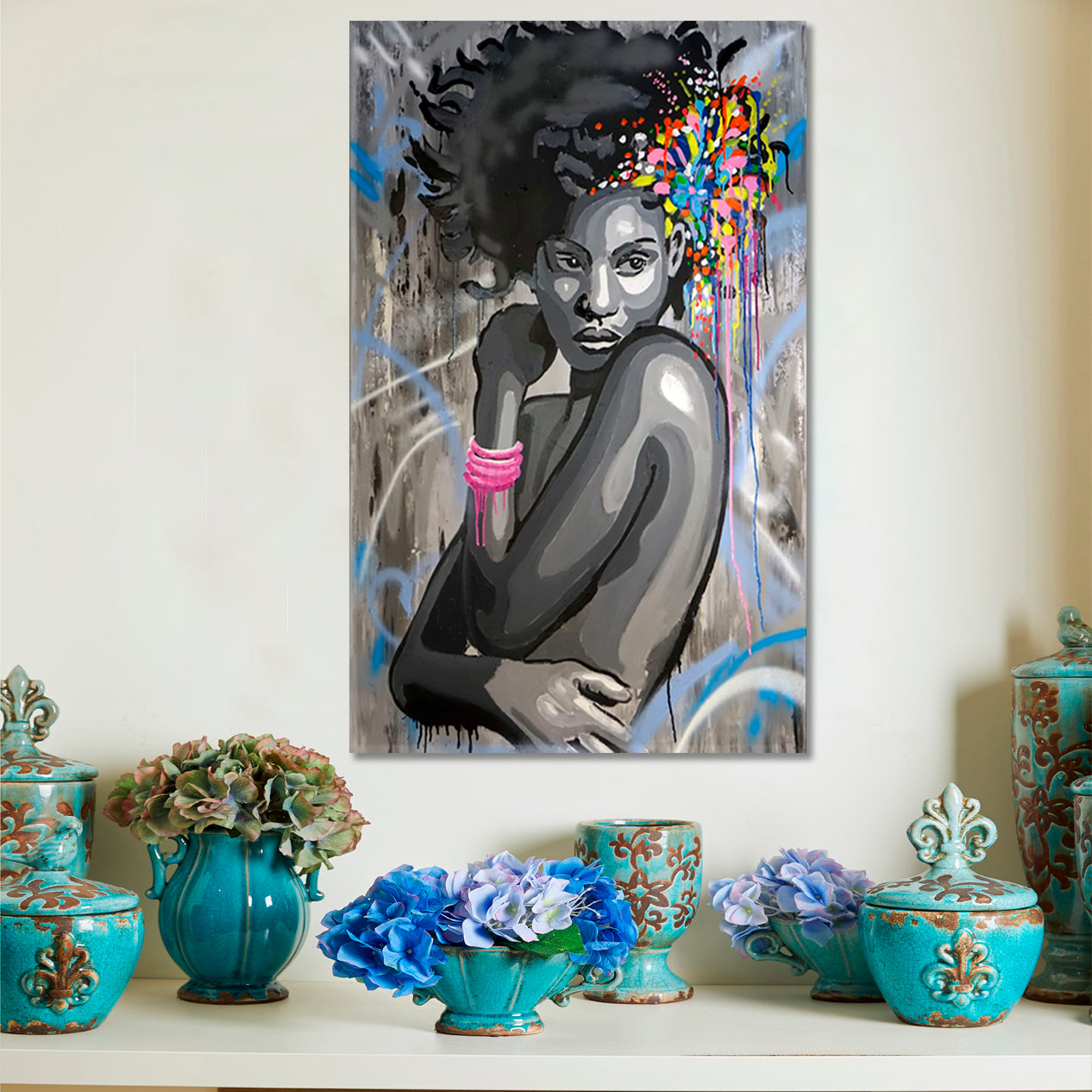 HAIRSTYLE African Beautiful Women Abstract Drip Art Graffiti Style - Vertical Contemporary Art Artesty   