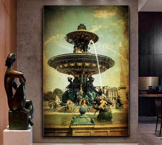 Historical Water Fountain Place de la Concorde Paris France Vintage Style Canvas Print | Vertical Cities Wall Art Artesty   