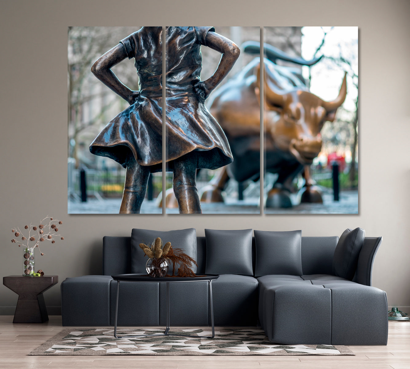 Fearless Girl & Charging Bull Symbol of Wealth Famous Landmarks Artwork Print Artesty 3 panels 36" x 24" 