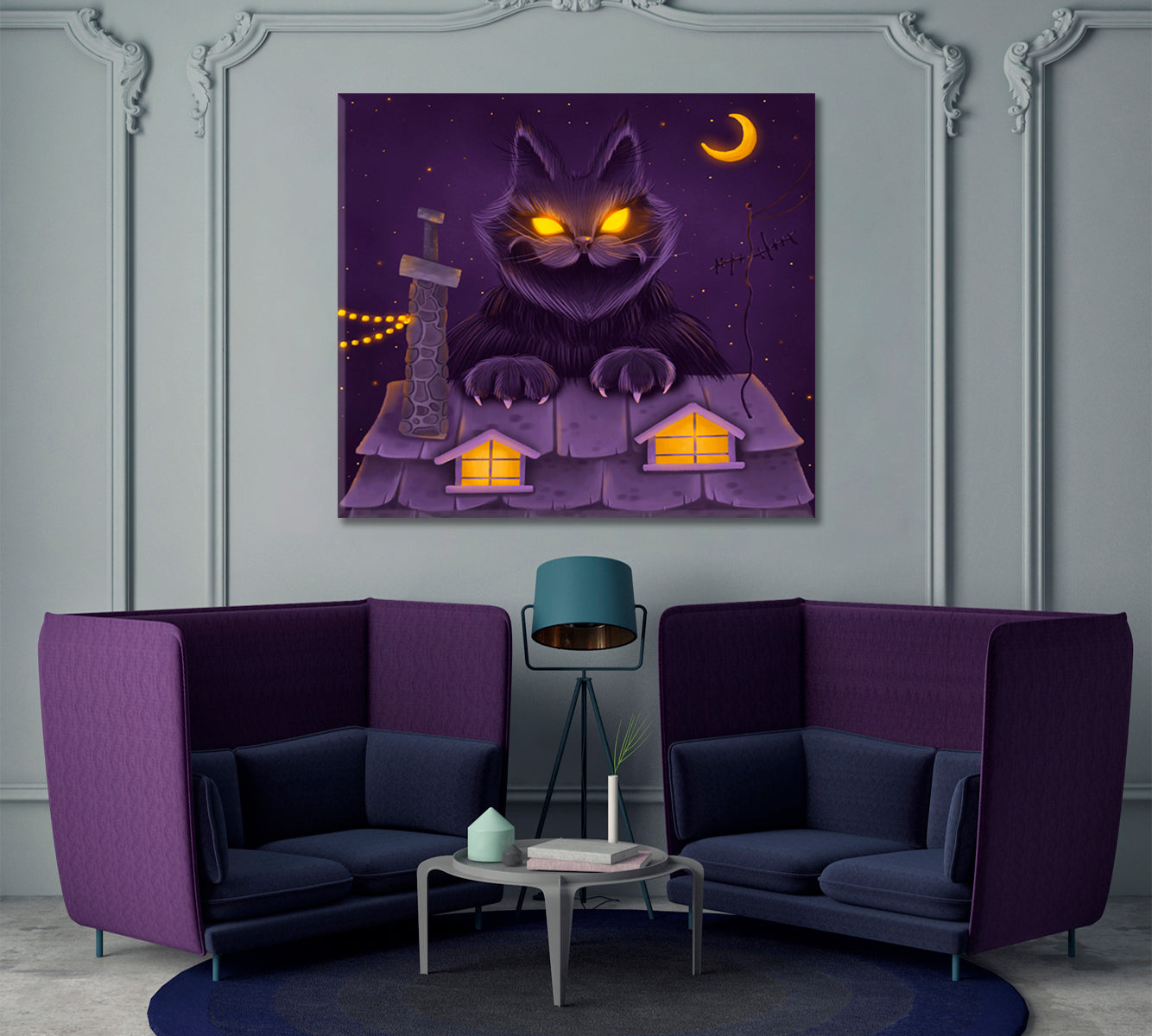 FAIRY TALE Huge Fairy Yule Cat Dreamlike Surreal Kid's Art Canvas Print | Square Panel Kids Room Canvas Art Print Artesty   