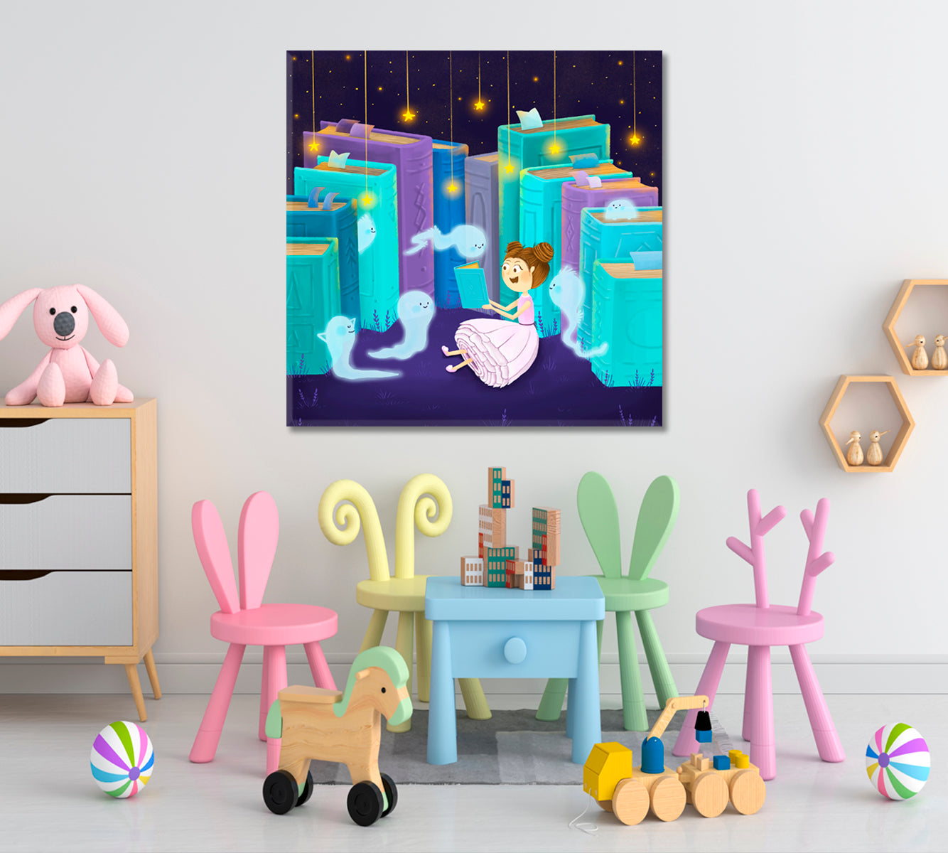 BEDTIME STORY Cute Little Girl Books & Ghosts Sweet Kids Baby Nursery - S Kids Room Canvas Art Print Artesty   