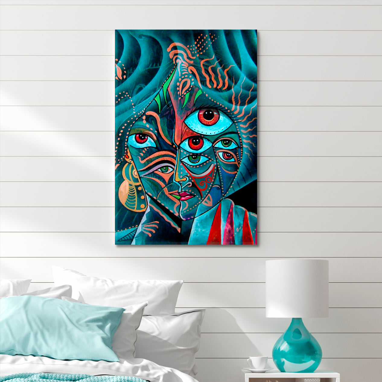 Cubism Face Fantasy Design Vivid Teal Color Cubist Trendy Large Art Print Artesty   