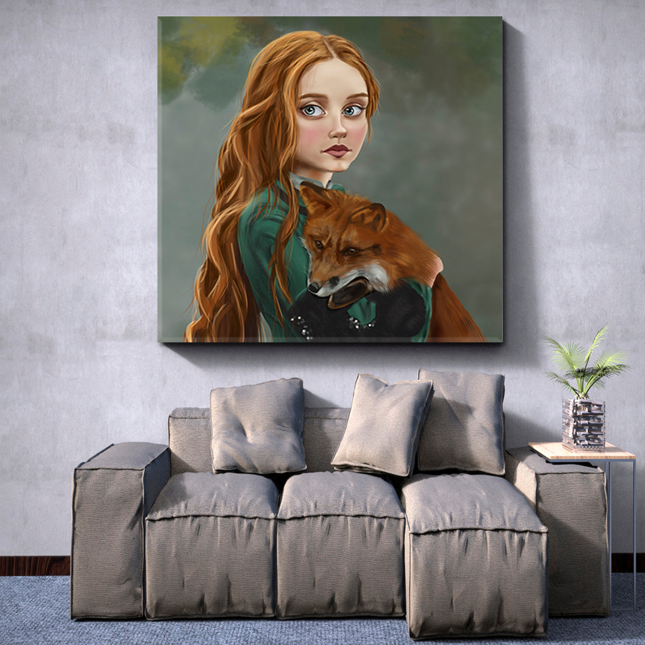 RED FOX GINGER STORY Girl Red Hair Lady Green Dress Surreal Fairy Tale Kids Room Canvas Art Print Artesty   