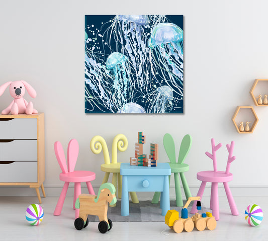 JELLYFISH | Blue Ocean Abstract Jellyfish Canvas Print - Square Panel Nautical, Sea Life Pattern Art Artesty 1 Panel 12"x12" 