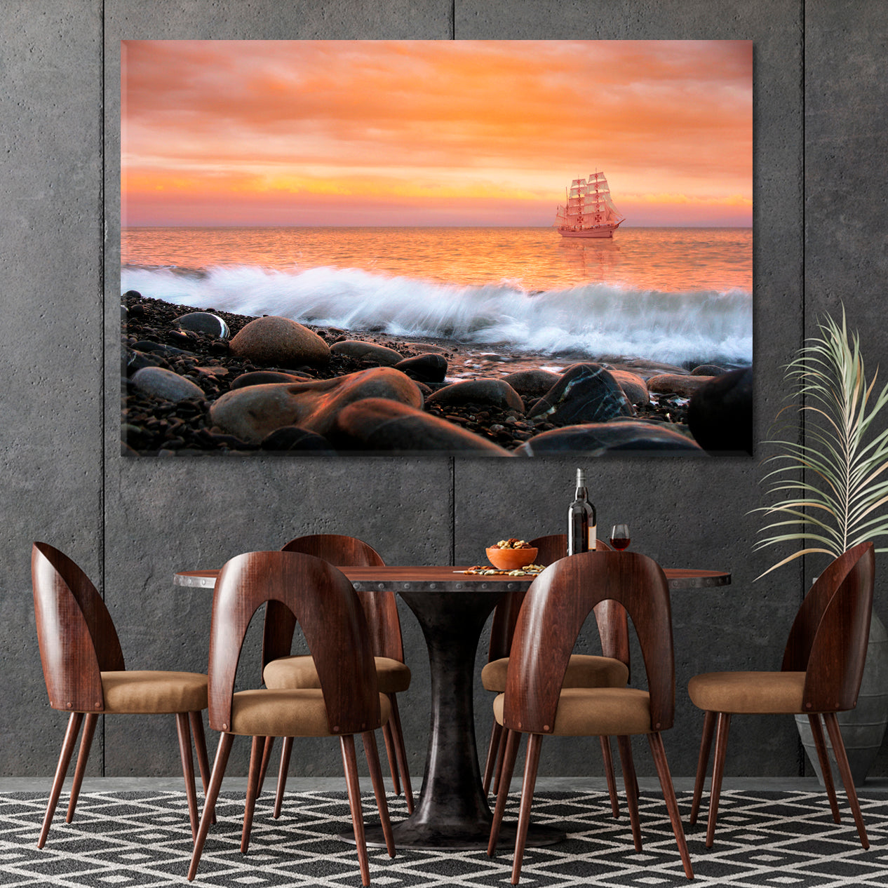 SCARLET SAILS Alone Ship Sea Waves Rocks Sky Beautiful Landscape Canvas Print Scenery Landscape Fine Art Print Artesty   