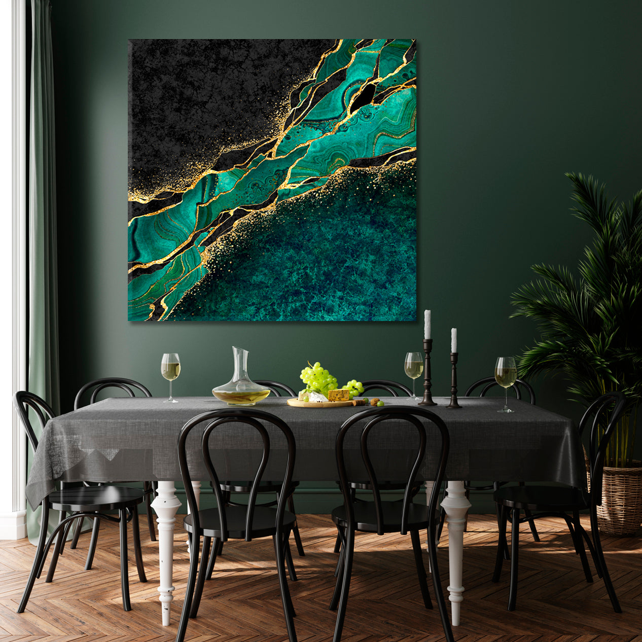 MALACHITE Japanese Kintsugi Technique Abstract Green Black Marble with Gold Veins Stone Canvas Print - Square Fluid Art, Oriental Marbling Canvas Print Artesty   