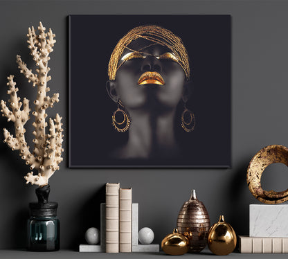 BEAUTIFUL Black and Gold African Woman Fantastic Make Up Face | Square Fashion Canvas Print Artesty   