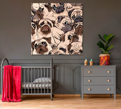 Funny Pugs Composition Sepia Art Style Humor Whimsical Animals Canvas Print - Square Panel Animals Canvas Print Artesty   