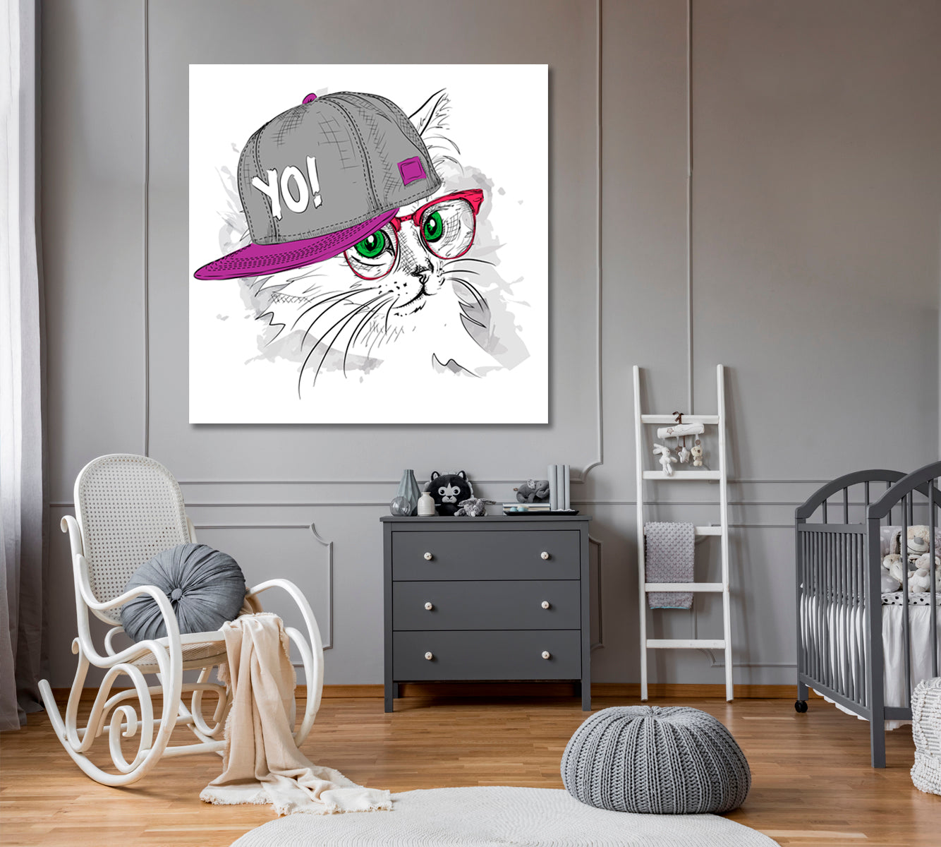 Cute Cat Hip-Hop Hat Funny Whimsical Animal KIDS ROOM CONCEPT Canvas Print | Square Panel Animals Canvas Print Artesty   