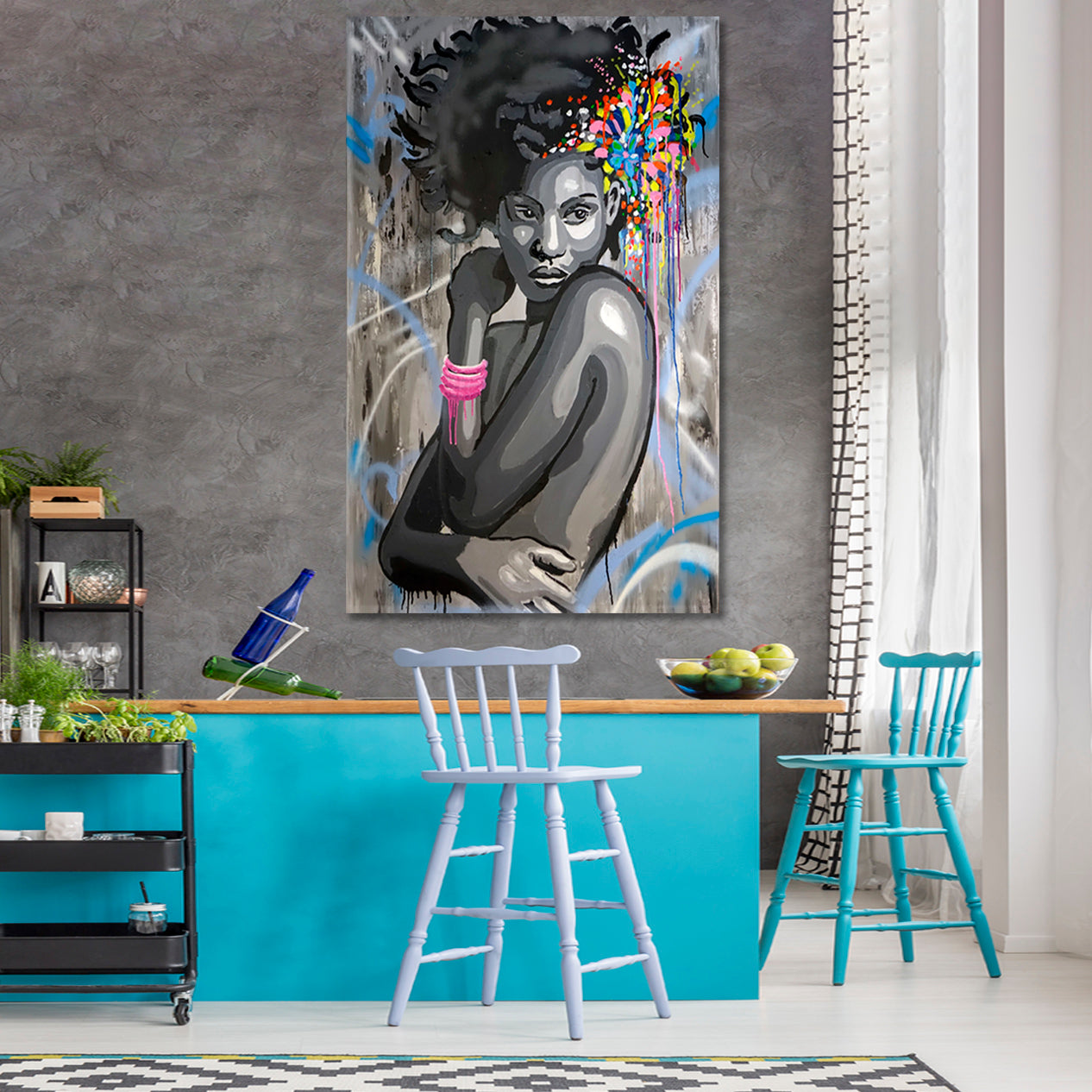 HAIRSTYLE African Beautiful Women Abstract Drip Art Graffiti Style - Vertical Contemporary Art Artesty   