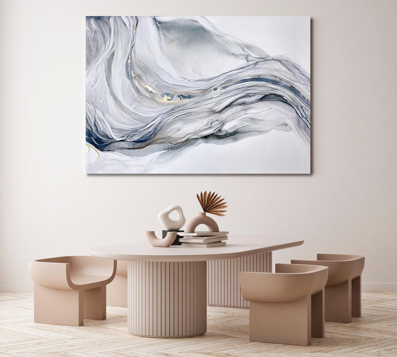 Beautiful Tender Blue Gray Abstract Waves Marble Effect Painting Fluid Art, Oriental Marbling Canvas Print Artesty   