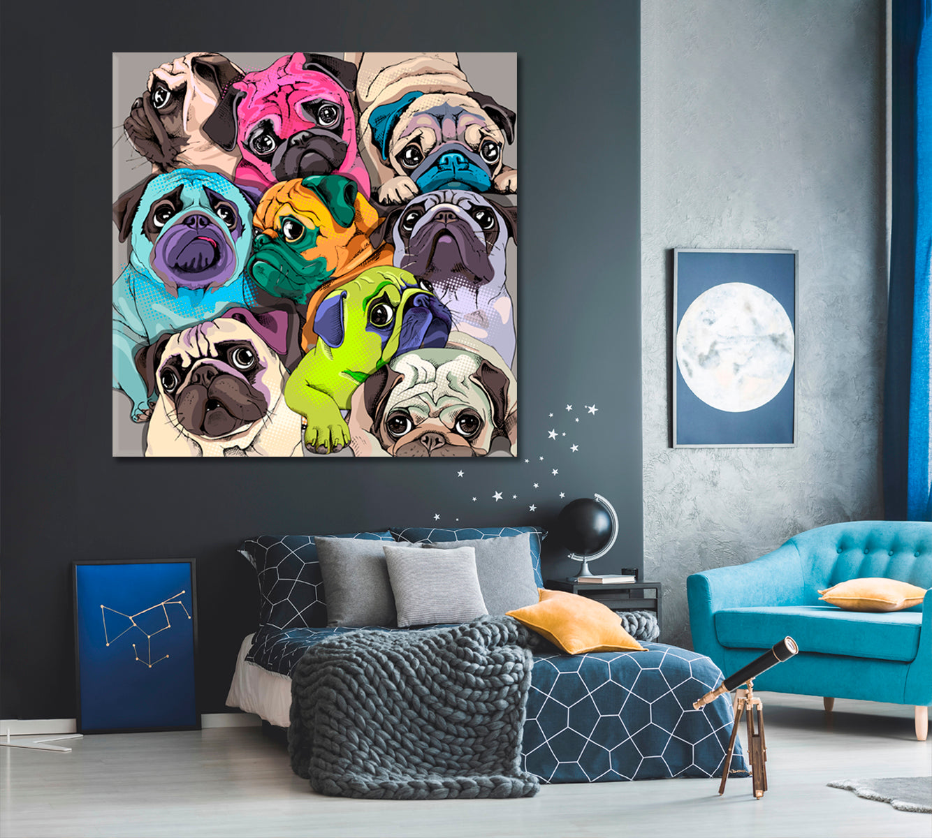 Funny Pugs Dogs Bright Colors Pop Art Whimsical Animal Canvas Print - Square Panel Animals Canvas Print Artesty   