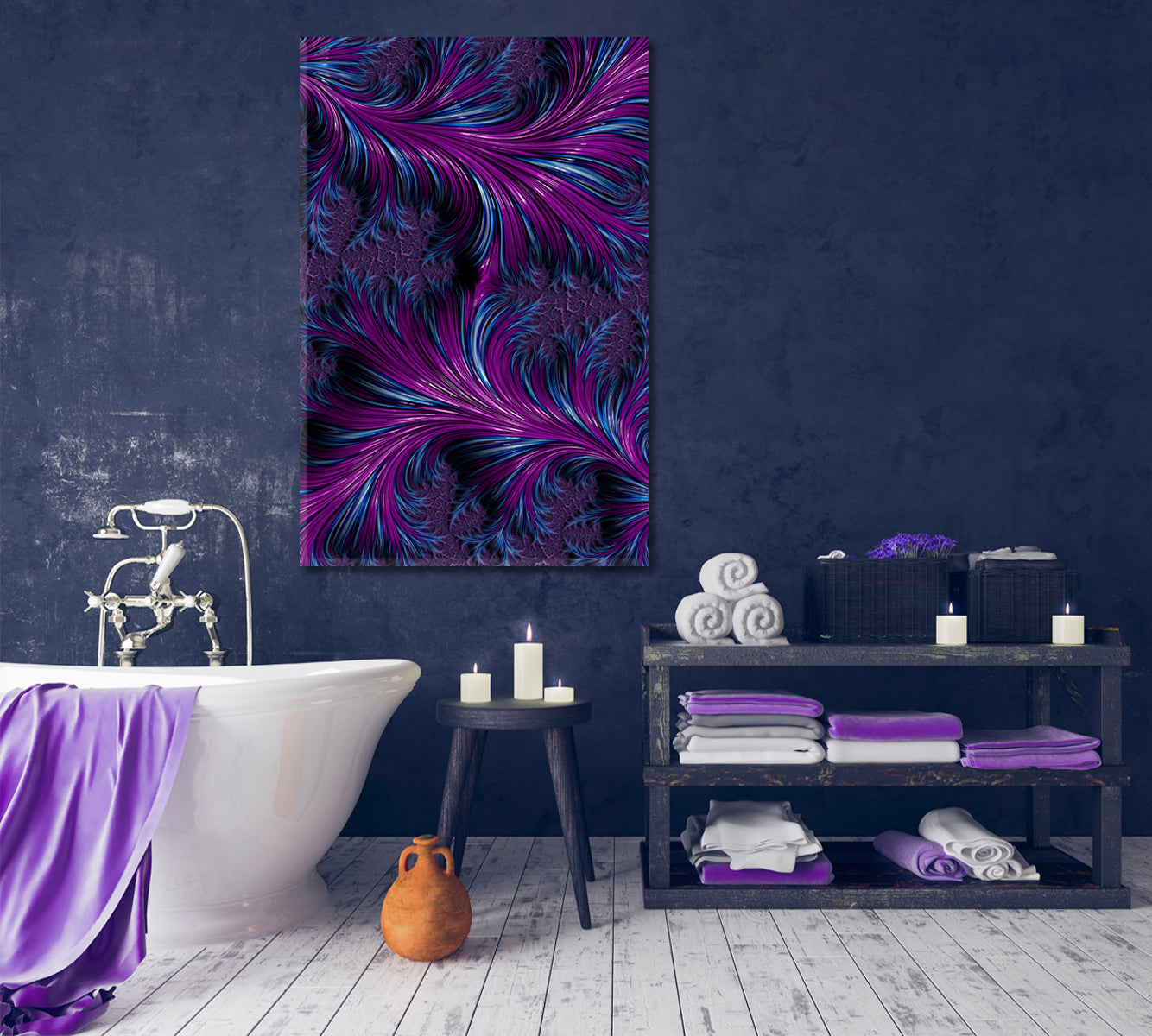 Abstract Fractal Spiral Swirls Purple Turquoise Blue Feathers Punchy Ultraviolet Canvas Print - Vertical Abstract Art Print Artesty   