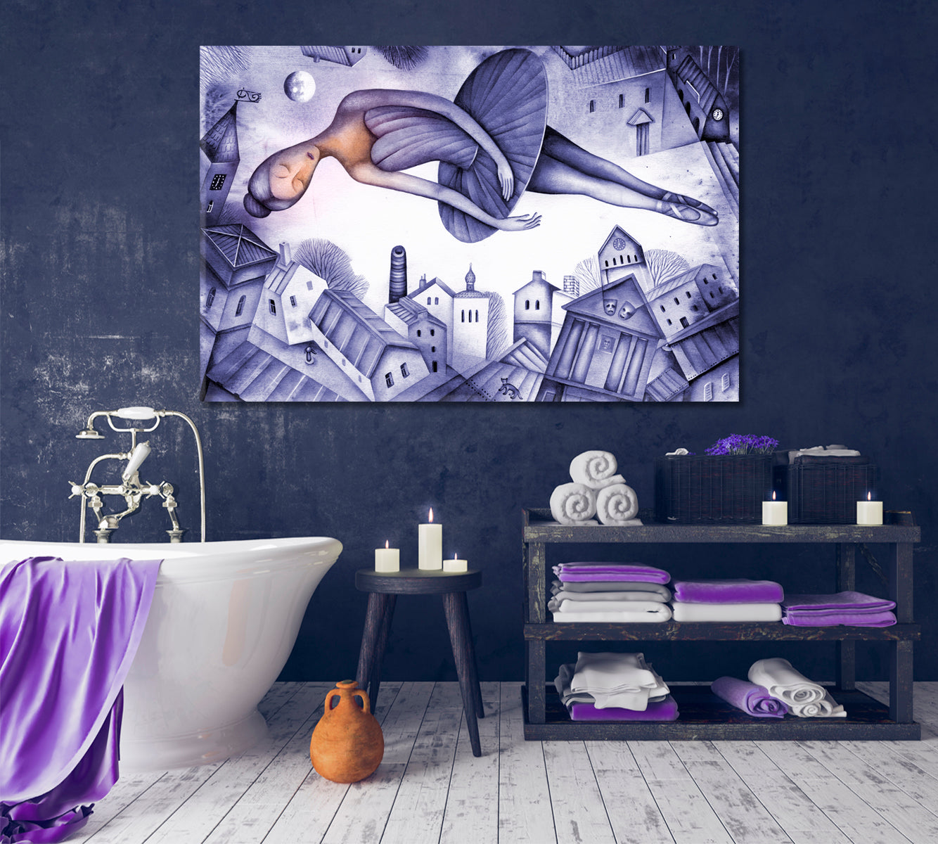 FANTASY Beautiful Ballerina Soars in a Dream Above the City, Cubist Style Canvas Print Cubist Trendy Large Art Print Artesty   