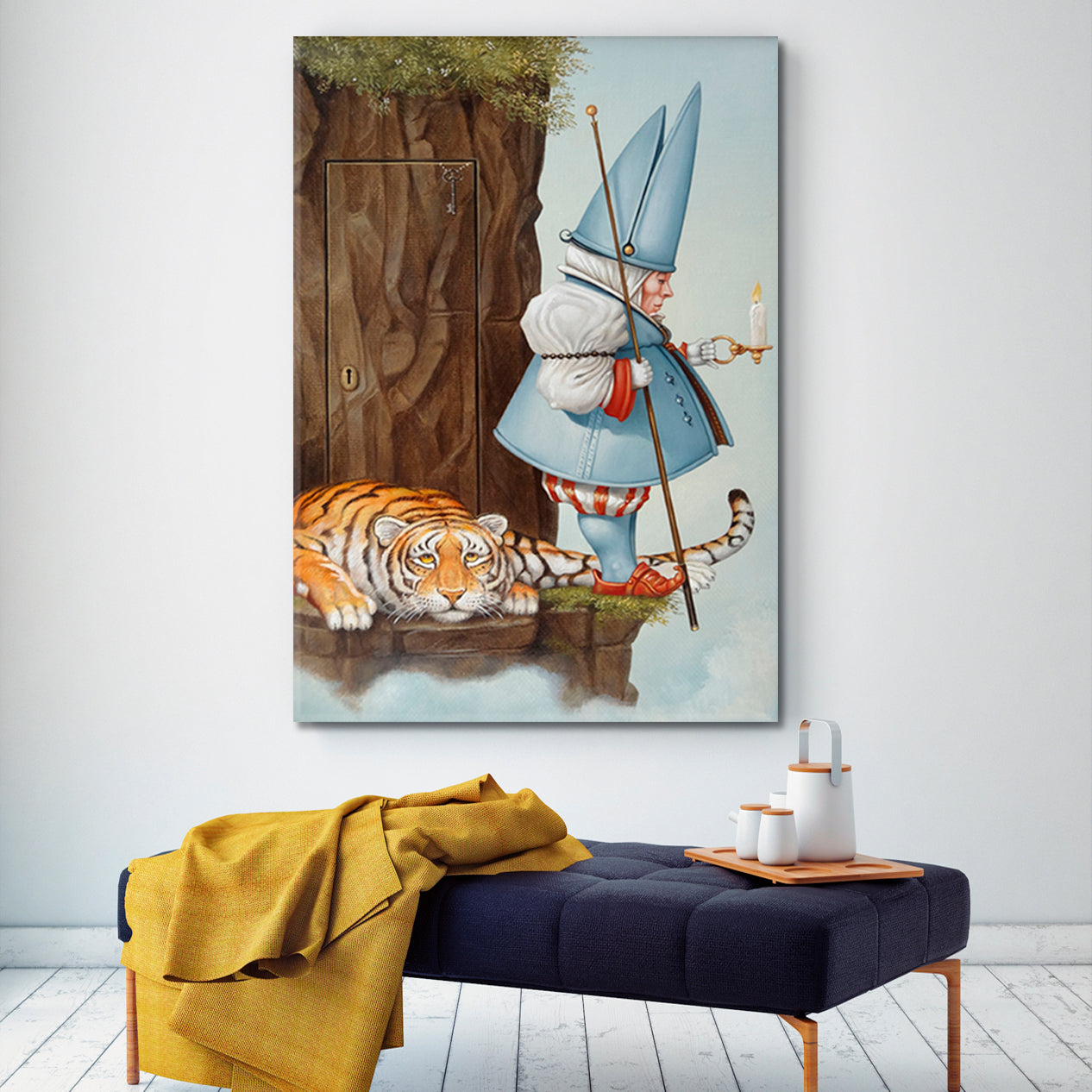 SECRET DOOR Gnome With Candle & Tiger Surrealistic Painting Surreal Fantasy Large Art Print Décor Artesty   