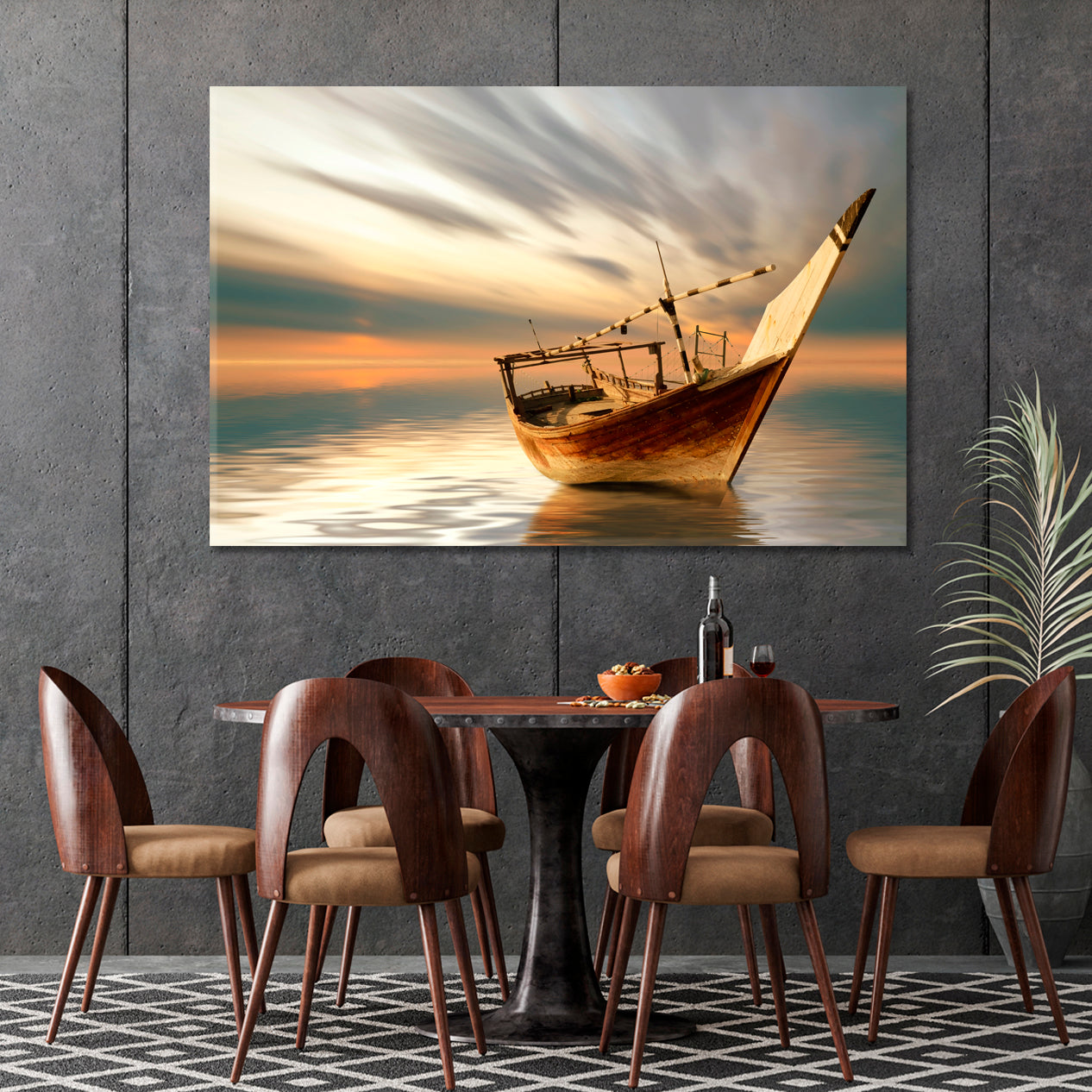 Lonely Boat Middle of the Sea Breathtaking Artistic Landscape Marine Life Canvas Print Scenery Landscape Fine Art Print Artesty 1 panel 24" x 16" 