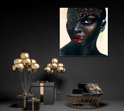 HOT CHOCOLATE  Stunning African Women Red Lips Canvas Print - Square Panel African Style Canvas Print Artesty   