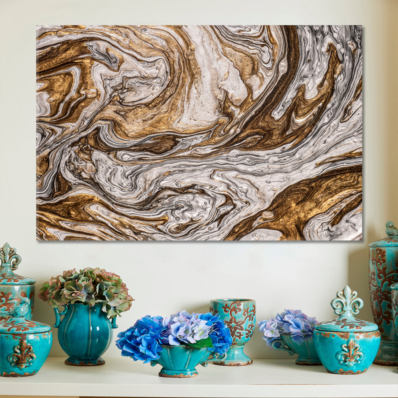 BROWN GREY Effect of Gold and Silver Powder Abstract Marble Oriental Fluid Art Canvas Print Fluid Art, Oriental Marbling Canvas Print Artesty   