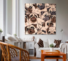 Funny Pugs Composition Sepia Art Style Humor Whimsical Animals Canvas Print - Square Panel Animals Canvas Print Artesty   