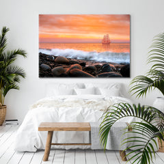 SCARLET SAILS Alone Ship Sea Waves Rocks Sky Beautiful Landscape Canvas Print Scenery Landscape Fine Art Print Artesty   