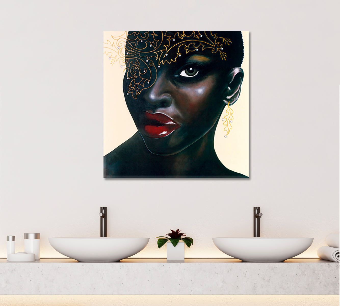 HOT CHOCOLATE  Stunning African Women Red Lips Canvas Print - Square Panel African Style Canvas Print Artesty   